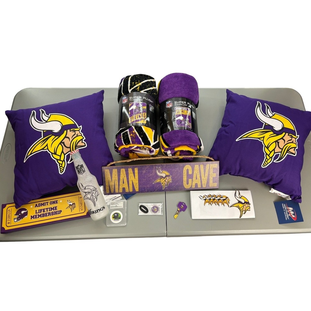 Minnesota Vikings NFL Man Cave Lot Pillows Blankets Signs Decor Collectibles Set